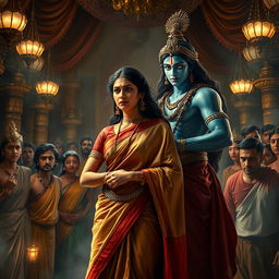 A powerful and emotional moment depicting the profound relationship between Lord Krishna and Draupadi, set in a dramatic setting filled with tension and urgency