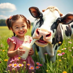 A whimsical scene of a young girl joyfully drinking fresh milk directly from a cow's udder in a sunny, pastoral setting