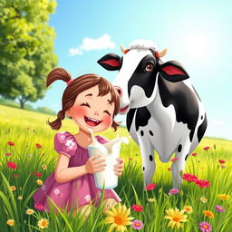 A whimsical scene of a young girl joyfully drinking fresh milk directly from a cow's udder in a sunny, pastoral setting