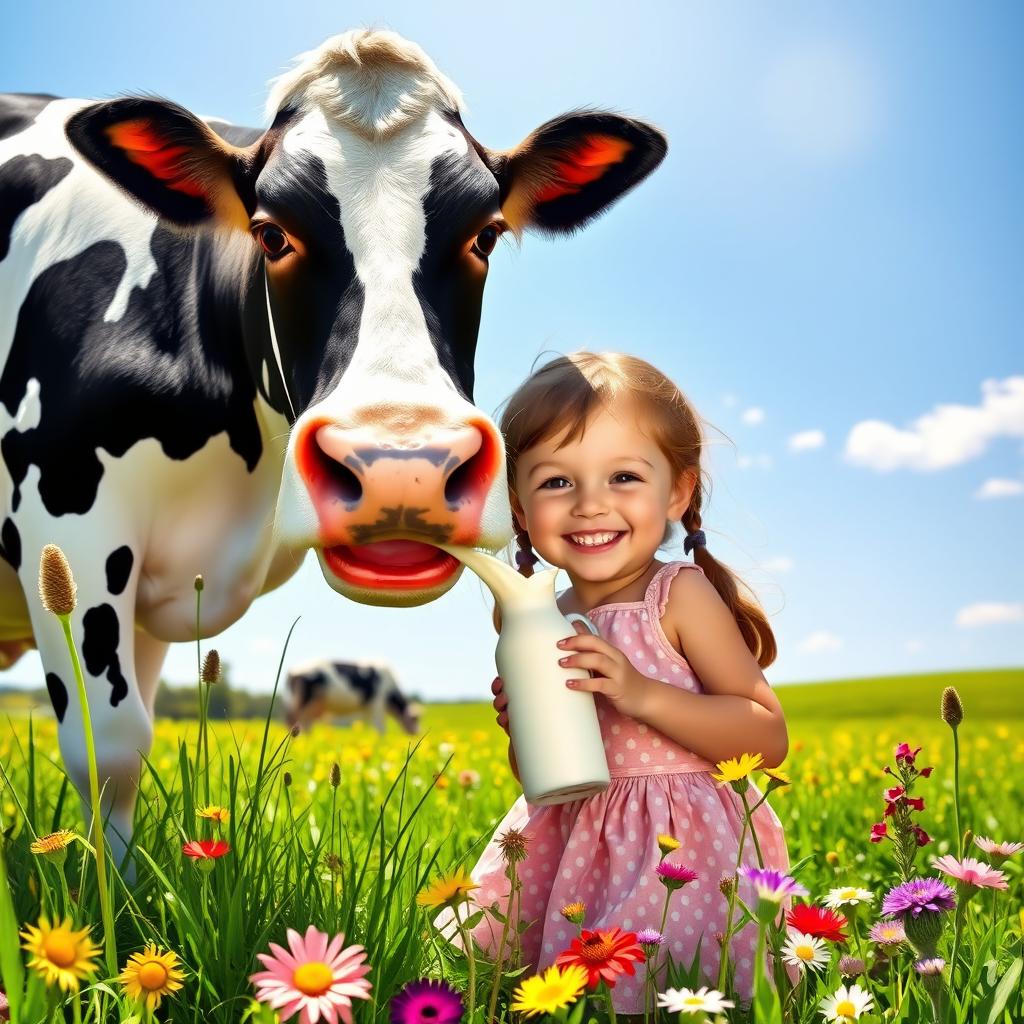 A whimsical scene of a young girl joyfully drinking fresh milk directly from a cow's udder in a sunny, pastoral setting