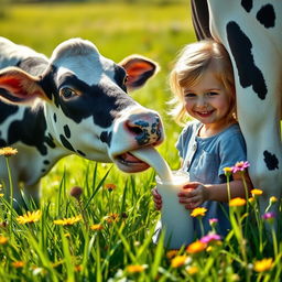 A whimsical scene of a young girl joyfully drinking fresh milk directly from a cow's udder in a sunny, pastoral setting
