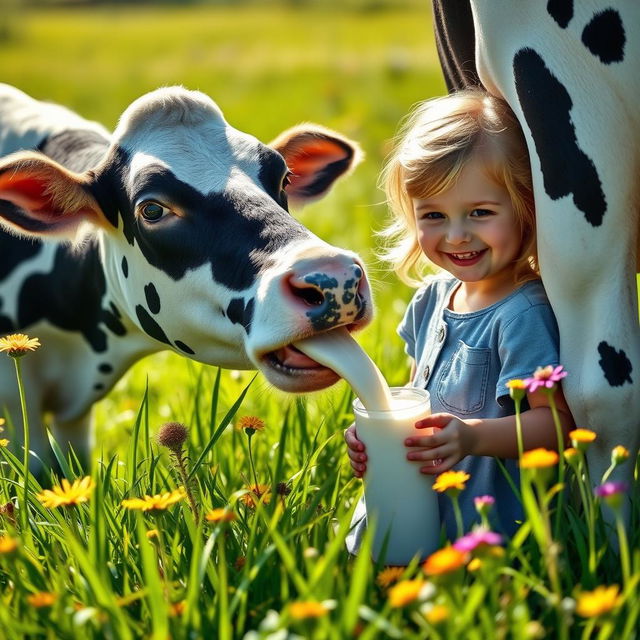 A whimsical scene of a young girl joyfully drinking fresh milk directly from a cow's udder in a sunny, pastoral setting