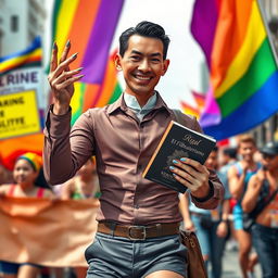 A modern portrayal of José Rizal joining a pride march in the Philippines, featuring a twink-like build