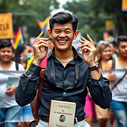 A modern portrayal of José Rizal joining a pride march in the Philippines, featuring a twink-like build