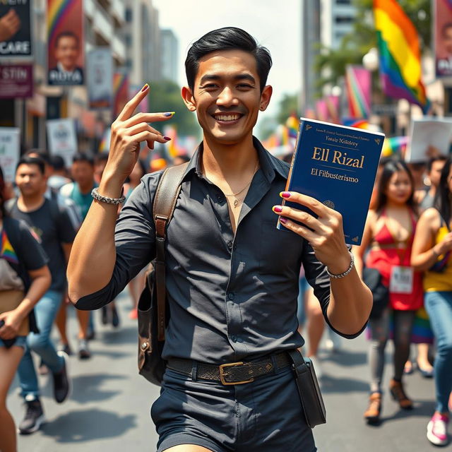 A modern portrayal of José Rizal joining a pride march in the Philippines, featuring a twink-like build