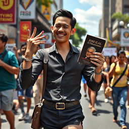 A modern portrayal of José Rizal joining a pride march in the Philippines, featuring a twink-like build