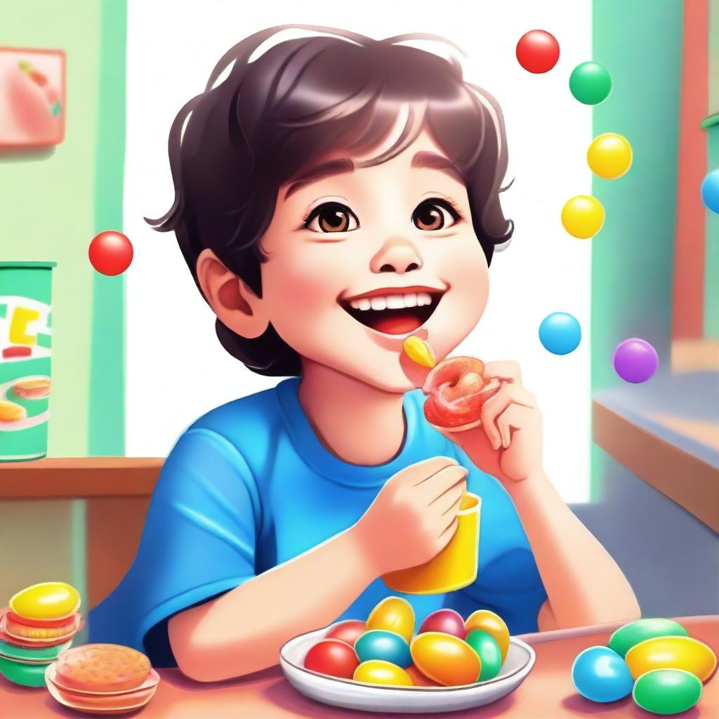 A high-quality digital art piece depicting a young boy happily munching on snacks