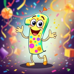 A lively and colorful cartoon character in the shape of the number 1, dancing joyfully