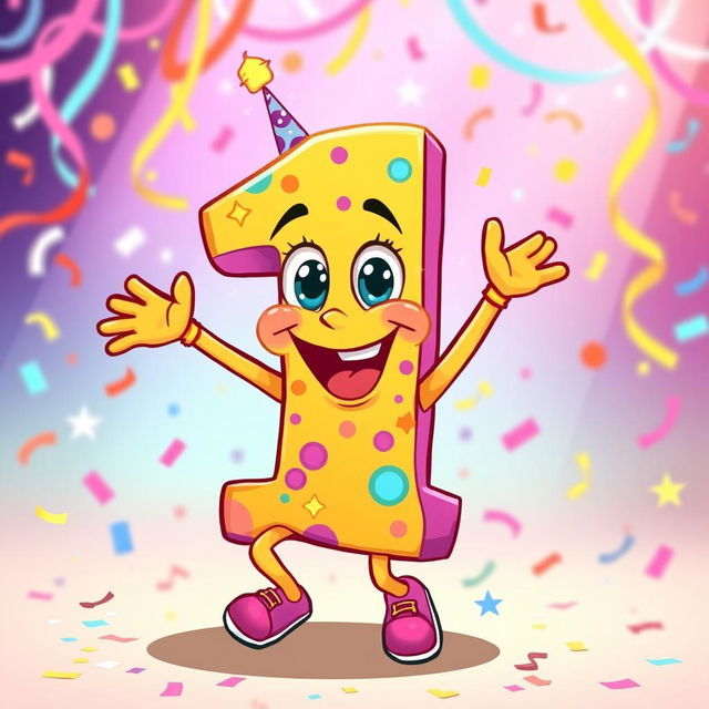 A lively and colorful cartoon character in the shape of the number 1, dancing joyfully