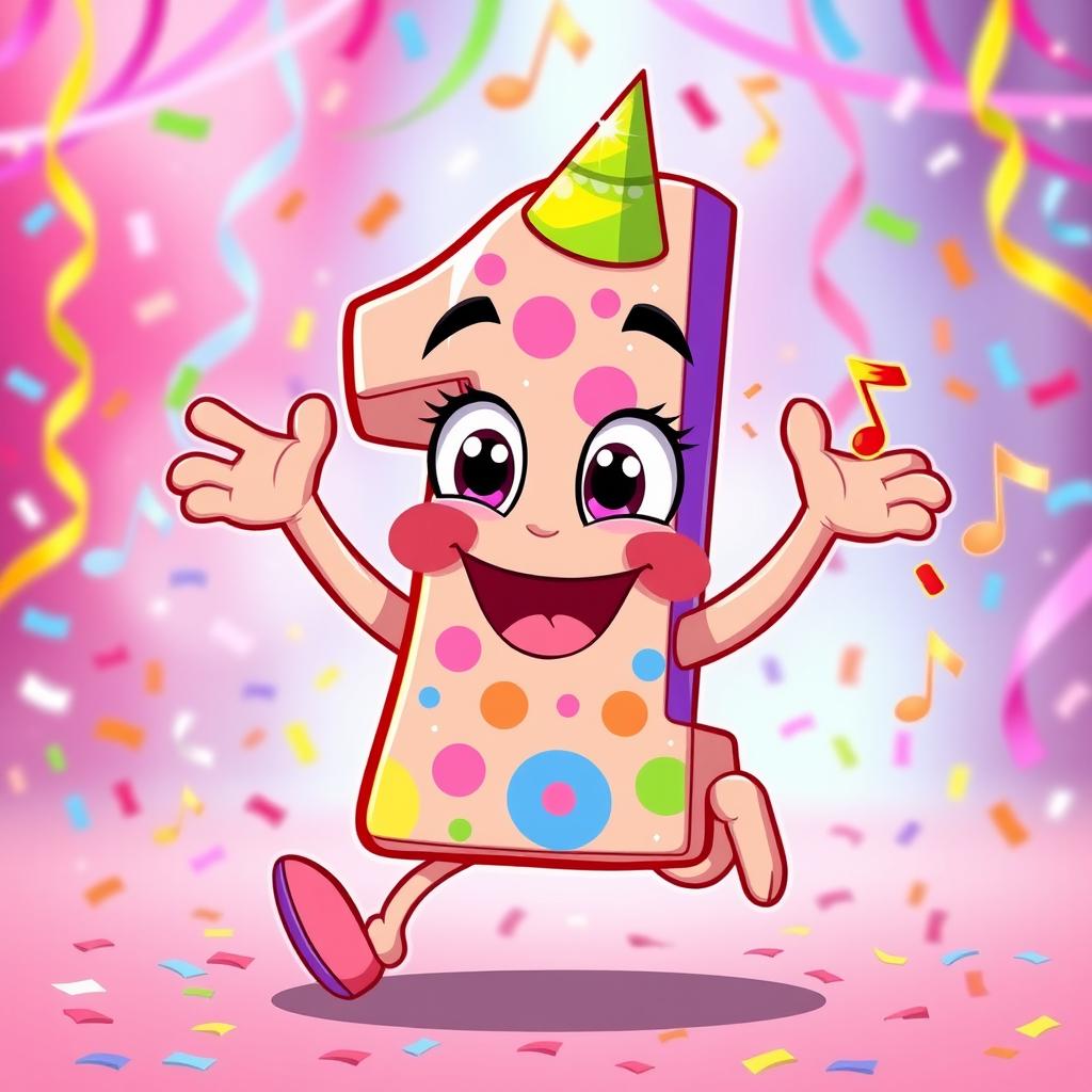 A lively and colorful cartoon character in the shape of the number 1, dancing joyfully