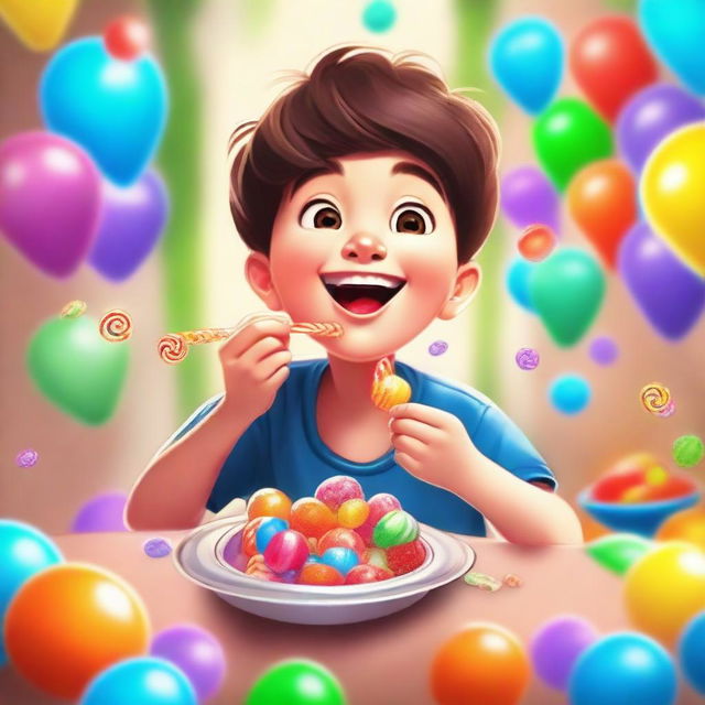 A high-quality digital art piece depicting a young boy happily munching on snacks