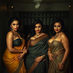A dimly lit interrogation room featuring three seductive desi women, each portraying a captivating allure