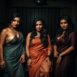 A dimly lit interrogation room featuring three seductive desi women, each portraying a captivating allure