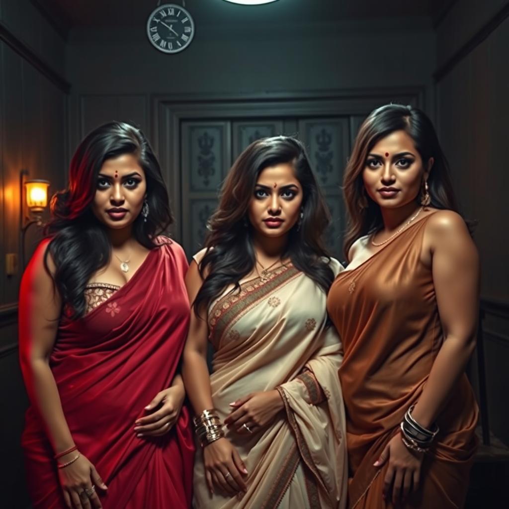 A dimly lit interrogation room featuring three seductive desi women, each portraying a captivating allure