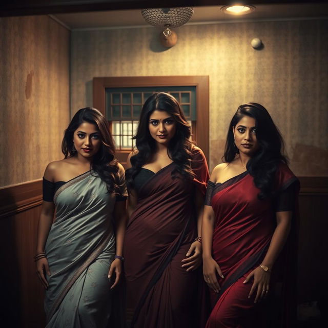 A dimly lit interrogation room featuring three seductive desi women, each portraying a captivating allure