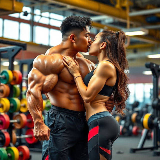 A Korean male bodybuilder with a perfectly sculpted physique, showcasing impressive muscle definition and strength, gently kisses a stunning female bodybuilder, both wearing stylish gym attire