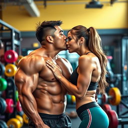 A Korean male bodybuilder with a perfectly sculpted physique, showcasing impressive muscle definition and strength, gently kisses a stunning female bodybuilder, both wearing stylish gym attire