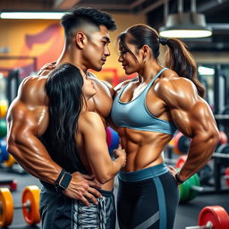 A Korean male bodybuilder with a perfectly sculpted physique, showcasing impressive muscle definition and strength, gently kisses a stunning female bodybuilder, both wearing stylish gym attire