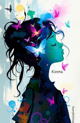 A vibrant and surreal illustration of a girl, Aleena, showcasing a colorful artsy silhouette split in half: one half is dark and distressed, deep blues and blacks representing turmoil, while the other half is bright and ethereal, featuring soft pastel colors and light
