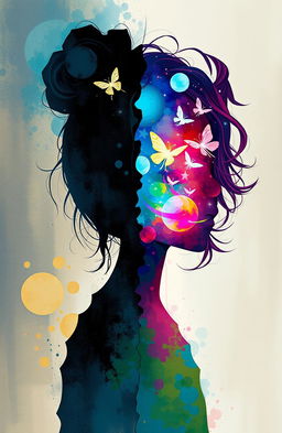 A vibrant and surreal illustration of a girl, Aleena, showcasing a colorful artsy silhouette split in half: one half is dark and distressed, deep blues and blacks representing turmoil, while the other half is bright and ethereal, featuring soft pastel colors and light