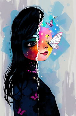 A vibrant and surreal illustration of a girl, Aleena, showcasing a colorful artsy silhouette split in half: one half is dark and distressed, deep blues and blacks representing turmoil, while the other half is bright and ethereal, featuring soft pastel colors and light