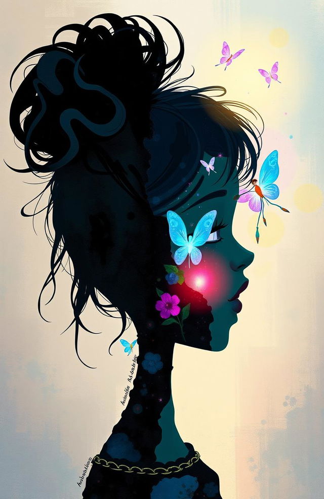 A vibrant and surreal illustration of a girl, Aleena, showcasing a colorful artsy silhouette split in half: one half is dark and distressed, deep blues and blacks representing turmoil, while the other half is bright and ethereal, featuring soft pastel colors and light