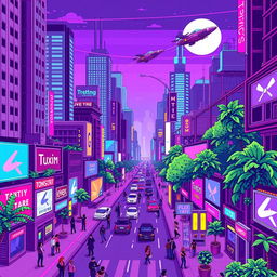 A vibrant cyberpunk cityscape depicted in a nostalgic 16-bit pixel art style