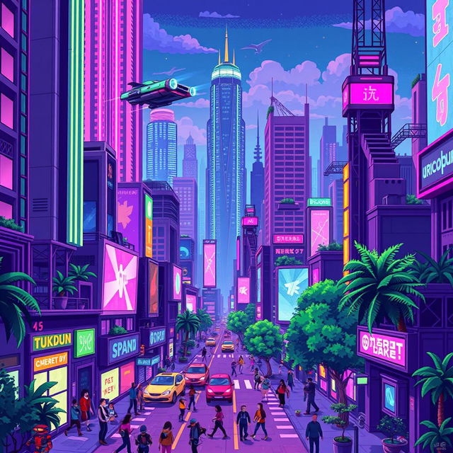 A vibrant cyberpunk cityscape depicted in a nostalgic 16-bit pixel art style