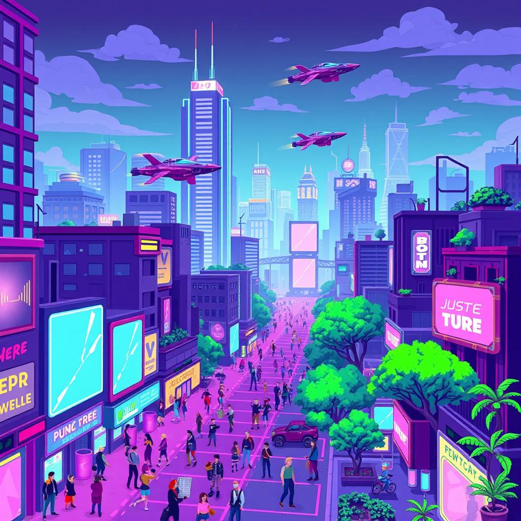A vibrant cyberpunk cityscape depicted in a nostalgic 16-bit pixel art style