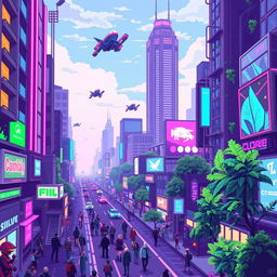 A vibrant cyberpunk cityscape depicted in a nostalgic 16-bit pixel art style