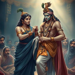 A poignant and emotional scene illustrating the profound relationship between Lord Krishna and Draupadi during a significant incident