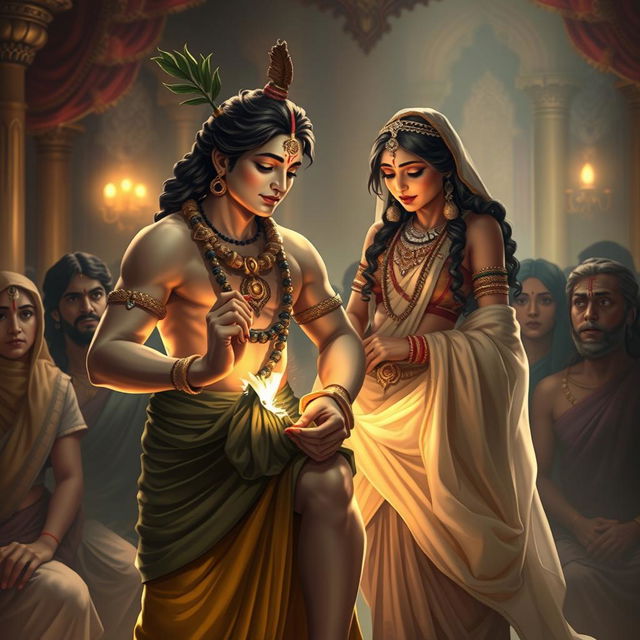 A poignant and emotional scene illustrating the profound relationship between Lord Krishna and Draupadi during a significant incident