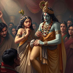A poignant and emotional scene illustrating the profound relationship between Lord Krishna and Draupadi during a significant incident