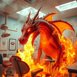 A massive, fiery dragon exhaling flames in a dental office, with dental tools and equipment being engulfed in fire
