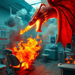 A massive, fiery dragon exhaling flames in a dental office, with dental tools and equipment being engulfed in fire