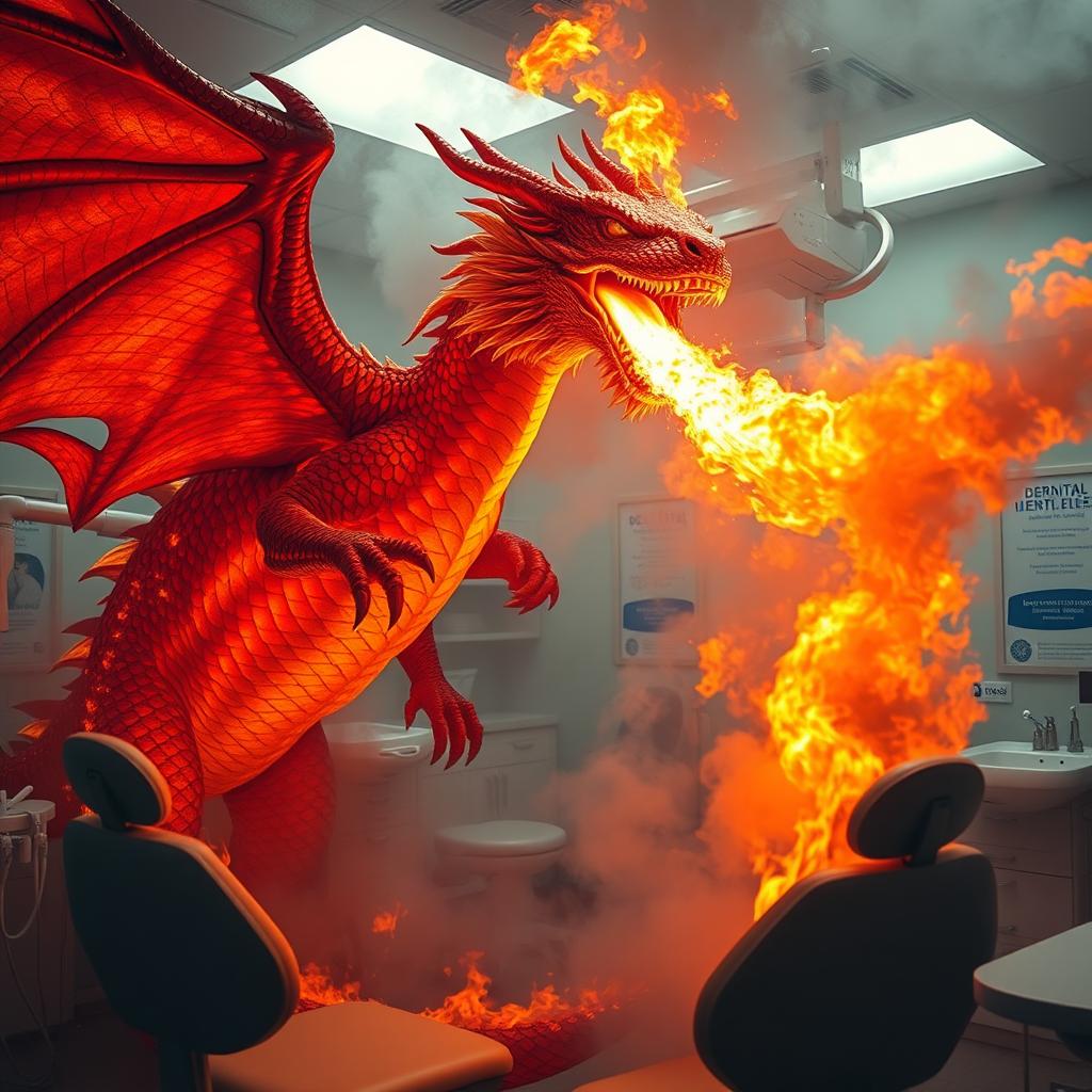 A massive, fiery dragon exhaling flames in a dental office, with dental tools and equipment being engulfed in fire