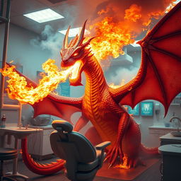A massive, fiery dragon exhaling flames in a dental office, with dental tools and equipment being engulfed in fire