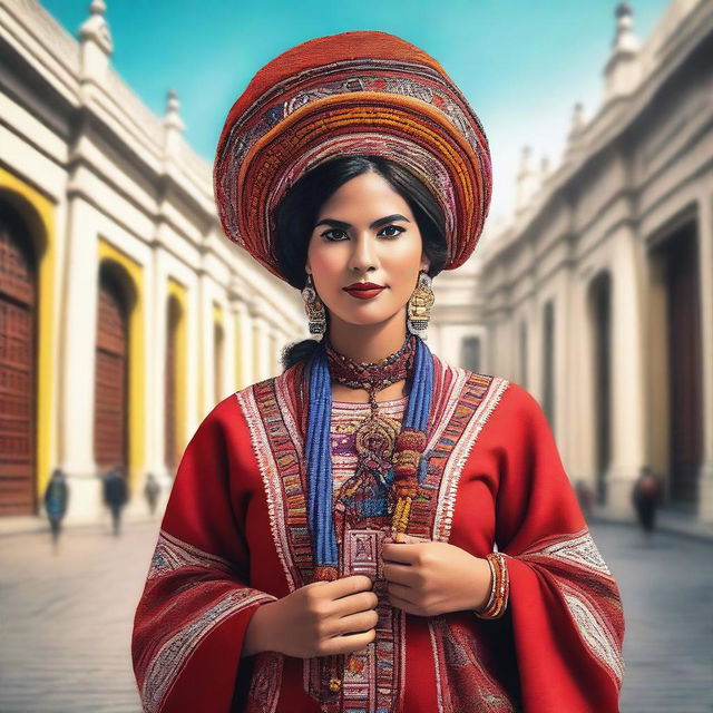 A high-quality digital art piece featuring an attractive Peruvian woman in traditional attire, standing confidently in the heart of Lima