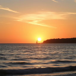 A scenic sunset over a tranquil seascape, with soft golden and pink hues reflecting on the water