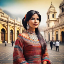 A high-quality digital art piece featuring an attractive Peruvian woman in traditional attire, standing confidently in the heart of Lima