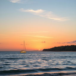 A scenic sunset over a tranquil seascape, with soft golden and pink hues reflecting on the water