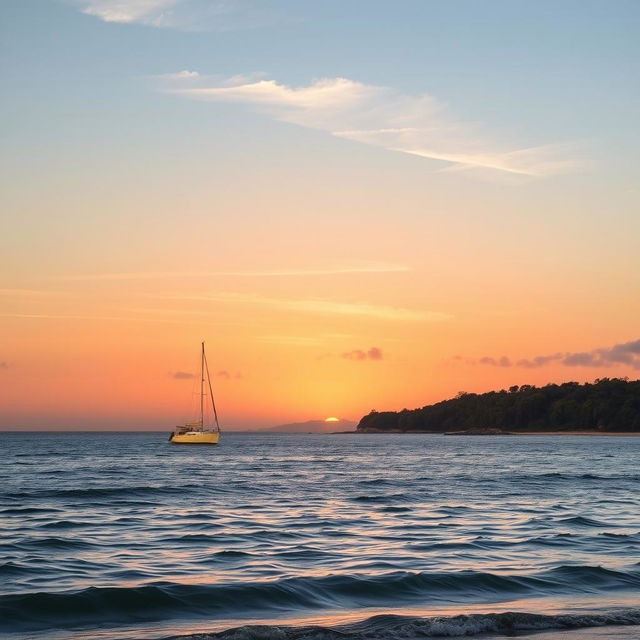 A scenic sunset over a tranquil seascape, with soft golden and pink hues reflecting on the water