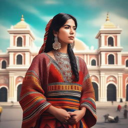 A high-quality digital art piece featuring an attractive Peruvian woman in traditional attire, standing confidently in the heart of Lima