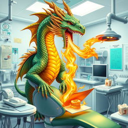 A fierce and majestic dragon with shimmering scales in shades of emerald and gold, exhaling a stream of fire in a dental clinic filled with various dental tools and equipment