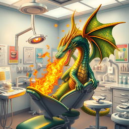 A fierce and majestic dragon with shimmering scales in shades of emerald and gold, exhaling a stream of fire in a dental clinic filled with various dental tools and equipment