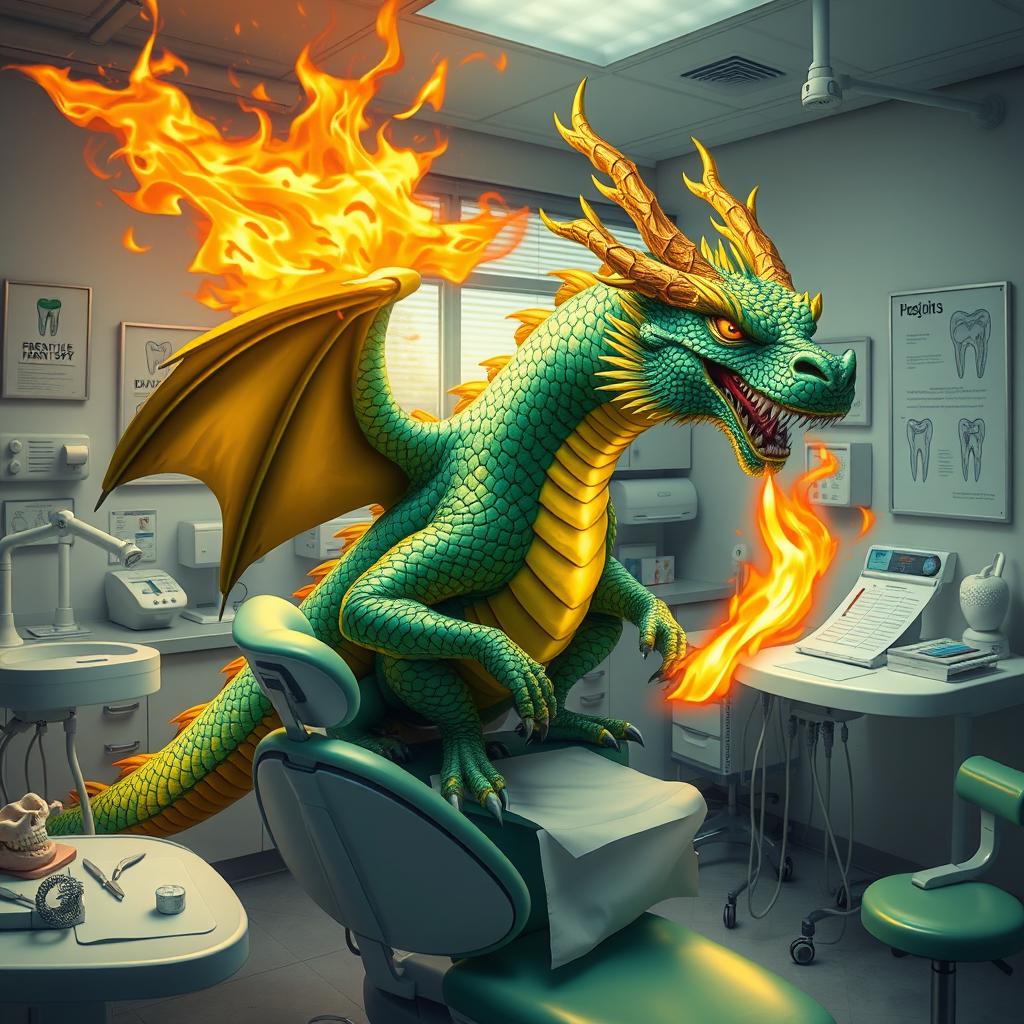 A fierce and majestic dragon with shimmering scales in shades of emerald and gold, exhaling a stream of fire in a dental clinic filled with various dental tools and equipment