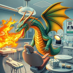 A fierce and majestic dragon with shimmering scales in shades of emerald and gold, exhaling a stream of fire in a dental clinic filled with various dental tools and equipment