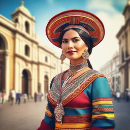 A high-quality digital art piece featuring an attractive Peruvian woman in traditional attire, standing confidently in the heart of Lima