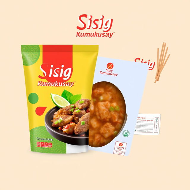 Creative packaging design concepts for Sisig Kumukusay, focusing on a modern and vibrant aesthetic