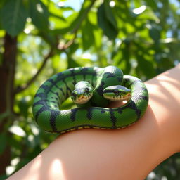 A close-up of a vibrant green and black striped snake rolling playfully on a human arm